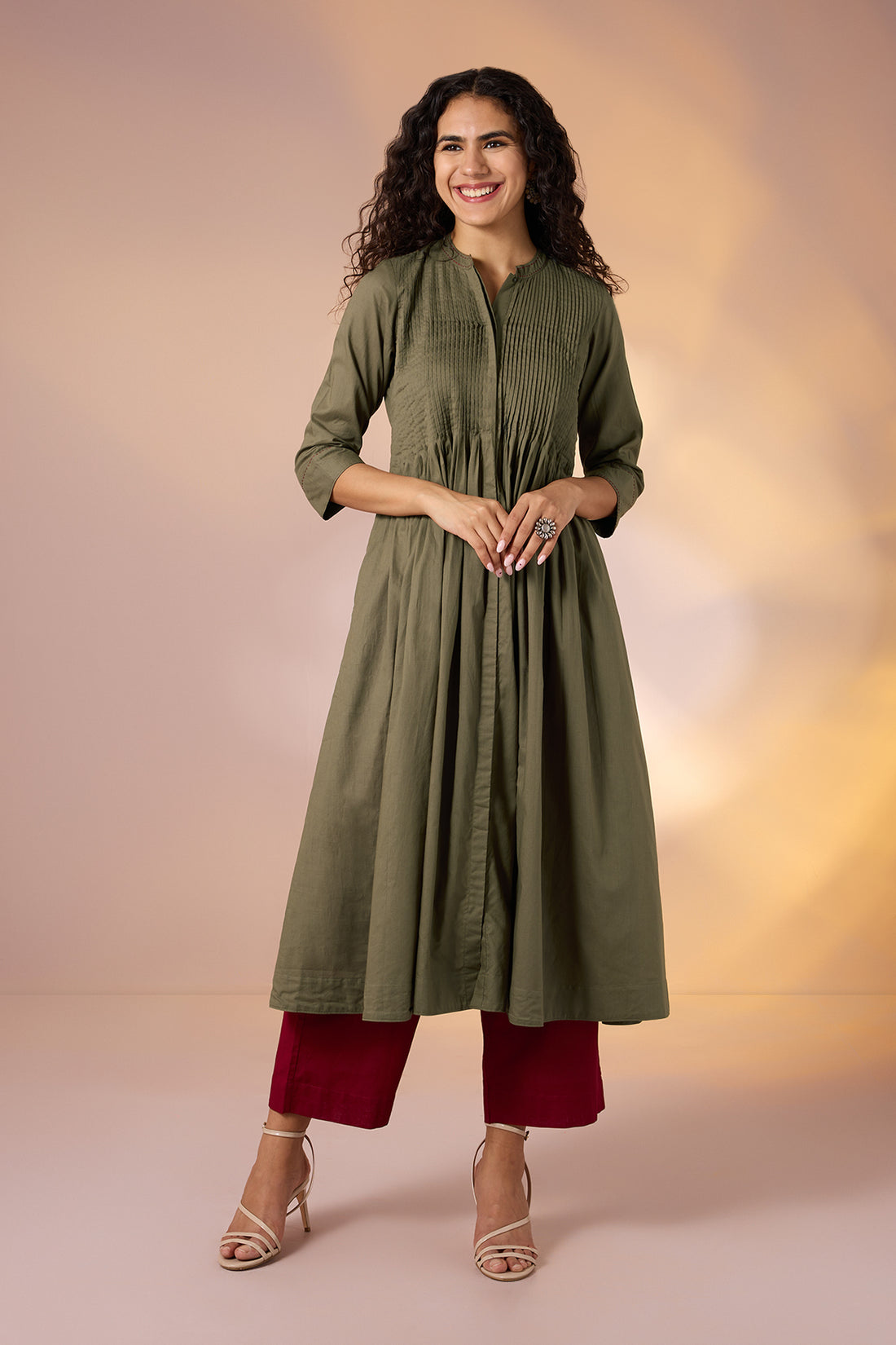 Infinity Pintuck Dress Pockets In Olive Grey Cambric by Maati Crafts