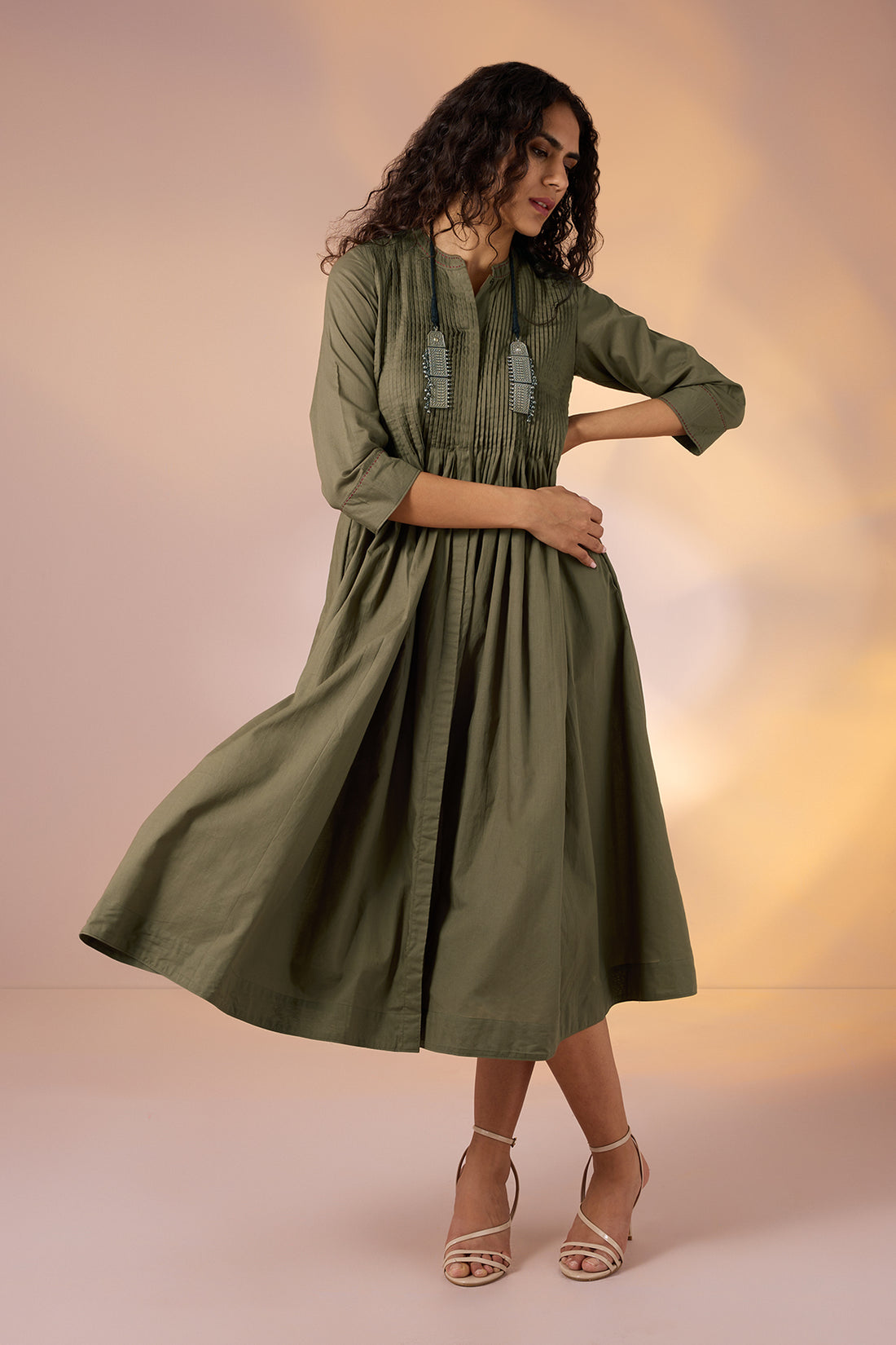 Infinity Pintuck Dress Pockets In Olive Grey Cambric by Maati Crafts