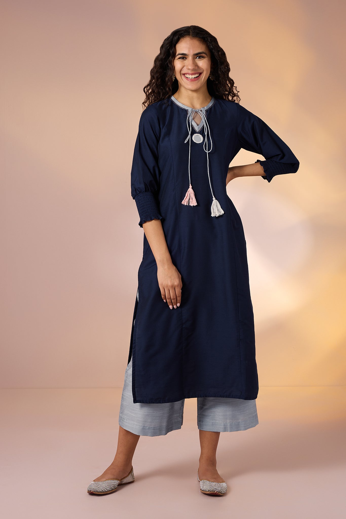 Sapphire Night & Silver Trace Silk Slub Luxe Kurta with Smocked Cuff & Mirror