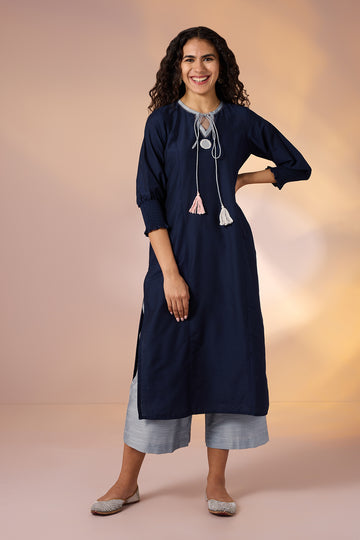 Sapphire Night & Silver Trace Silk Slub Luxe Kurta with Smocked Cuff & Mirror