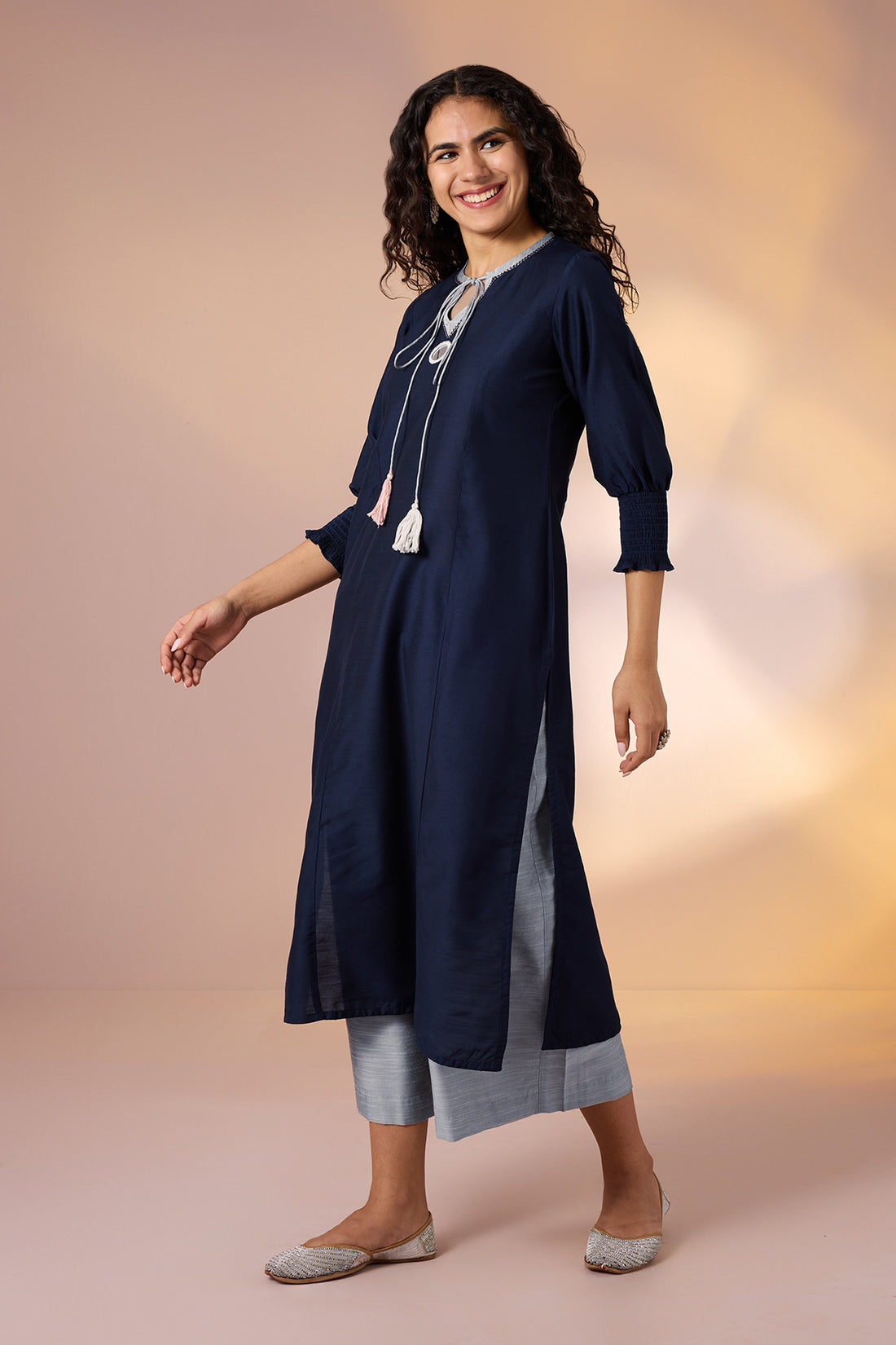 Sapphire Night & Silver Trace Silk Slub Luxe Kurta with Smocked Cuff & Mirror