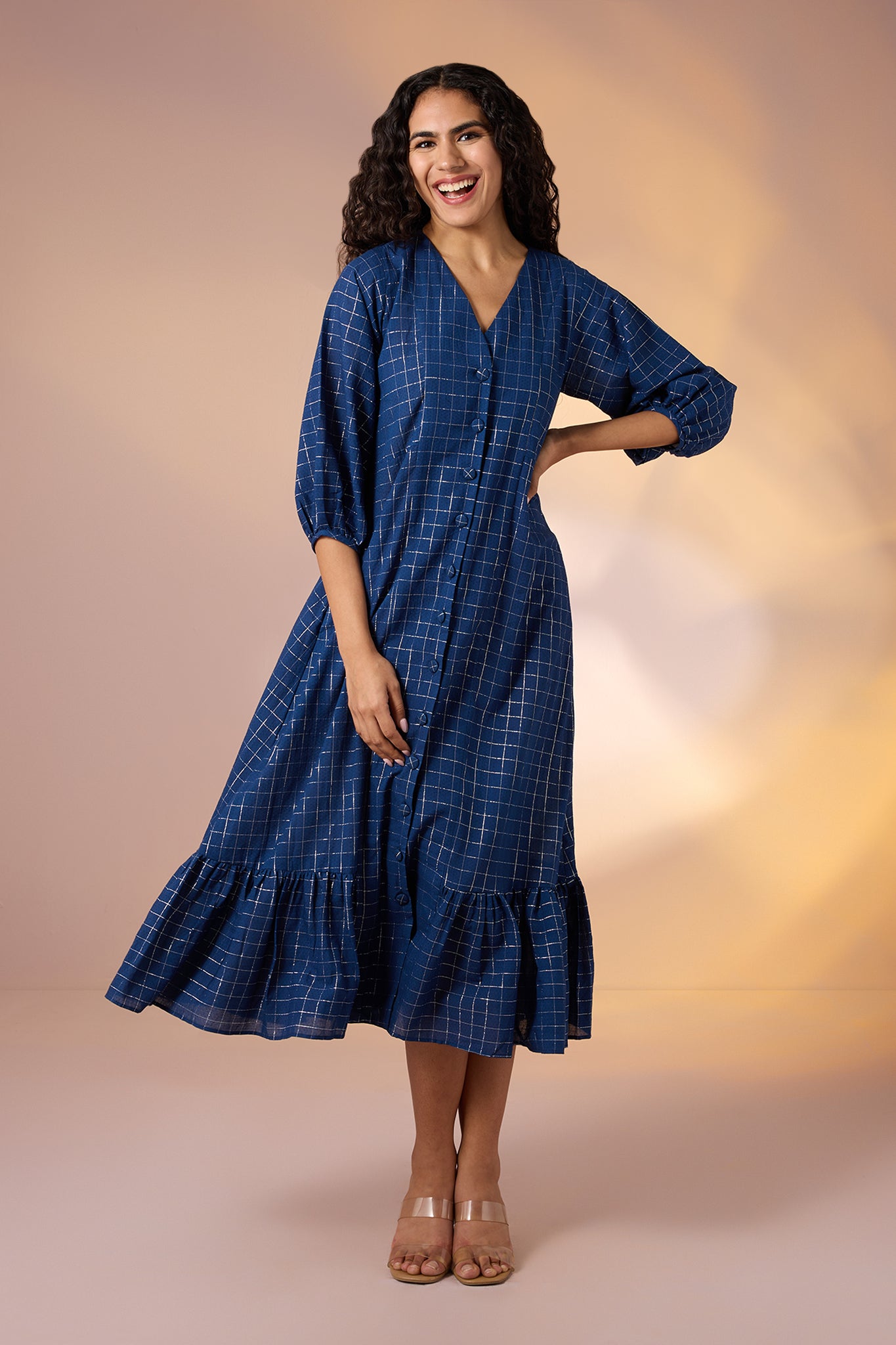 Sapphire Grid Front Button Cotton Dress With Ruffle Border