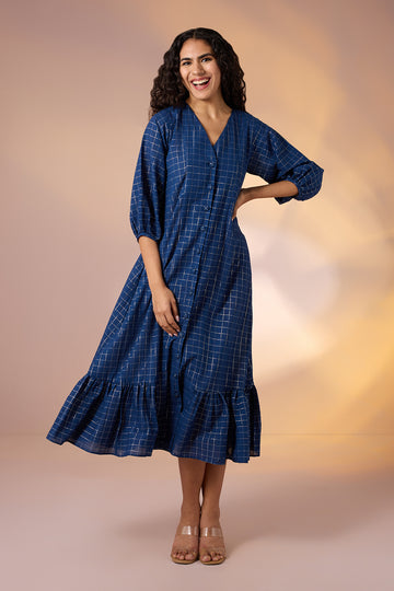 Sapphire Grid Front Button Cotton Dress With Ruffle Border