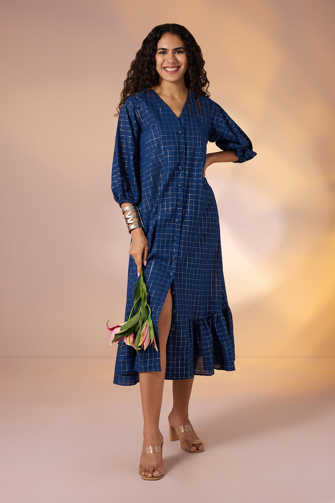 Sapphire Grid Front Button Cotton Dress With Ruffle Border