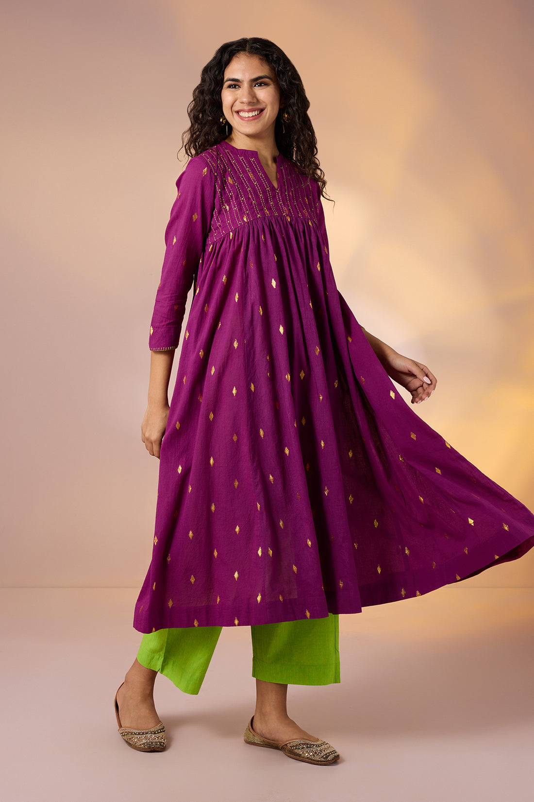 Pintuck Collar High Bust Anarkali In Magenta Gold Diamond Buti And Pockets And Hand Embroidery  by Maati Crafts