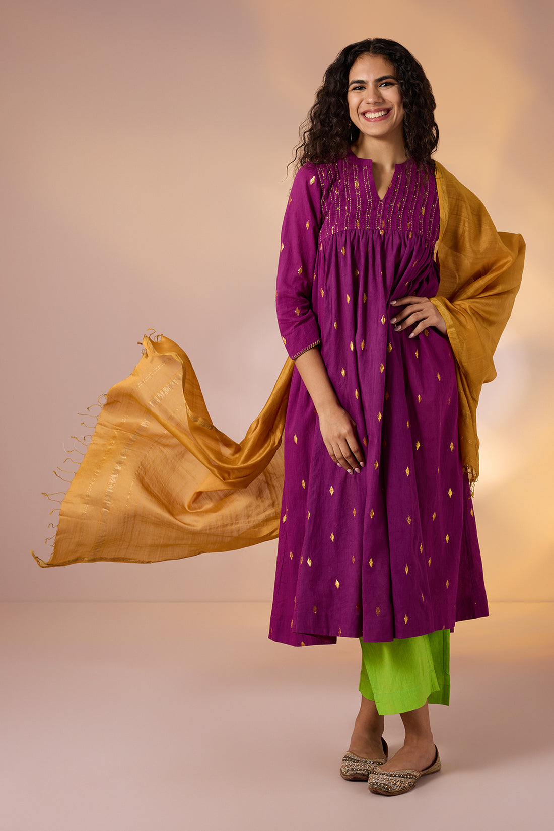 Pintuck Collar High Bust Anarkali In Magenta Gold Diamond Buti And Pockets And Hand Embroidery  by Maati Crafts