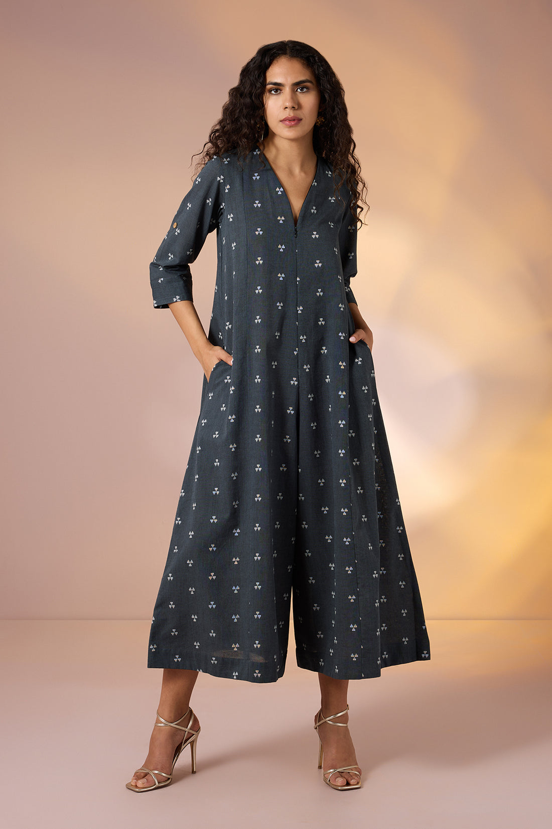 Prism Grey Front Zipper Cotton Jumpsuit with Pockets & Sleeves