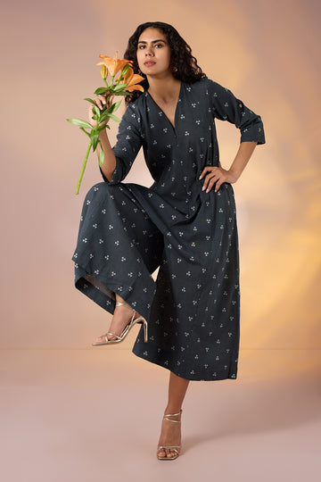 Prism Grey Front Zipper Cotton Jumpsuit with Pockets & Sleeves