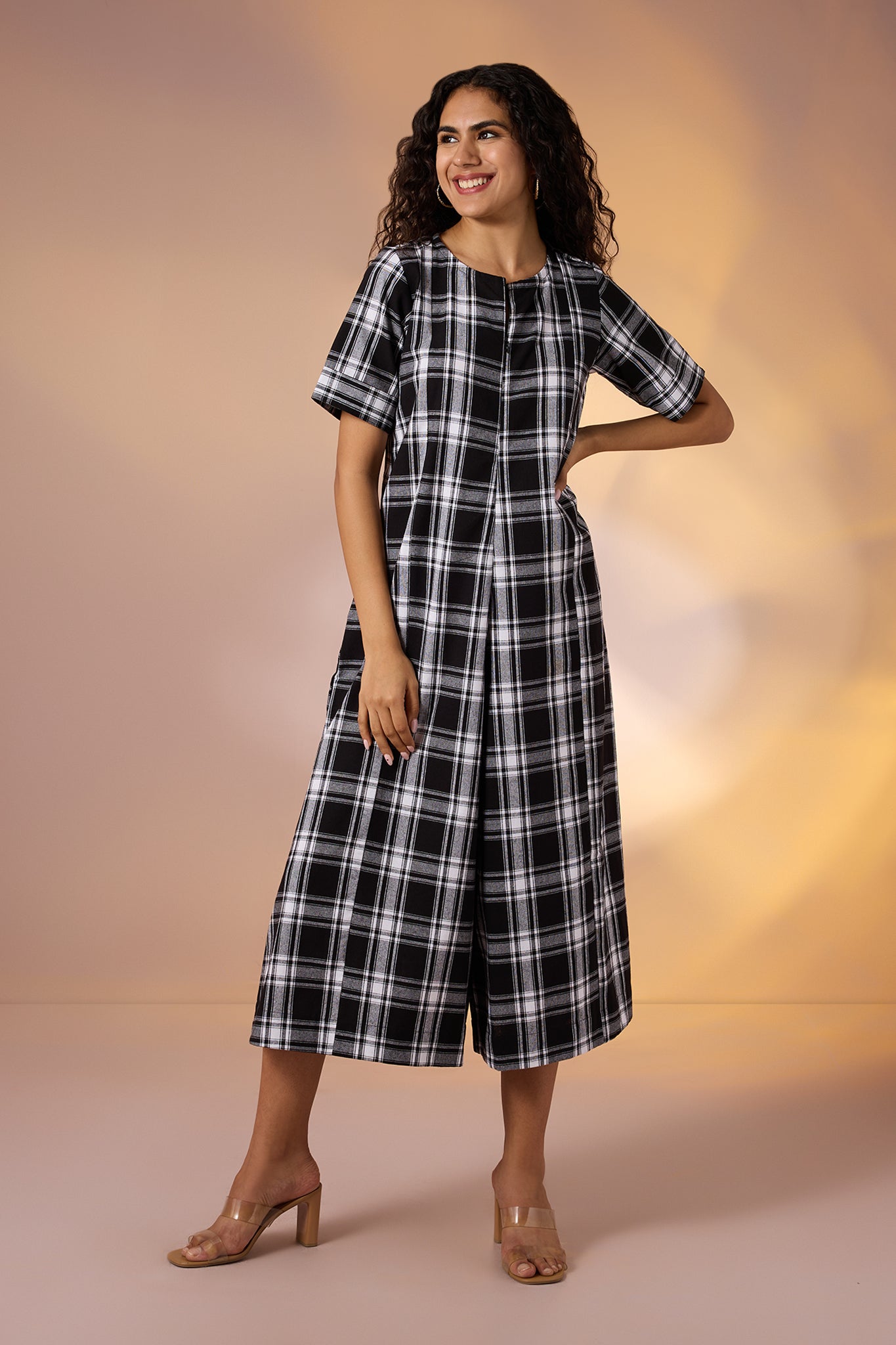 Front Zipper Jumpsuit With Pockets In Black White Grey Checks  by Maati Crafts