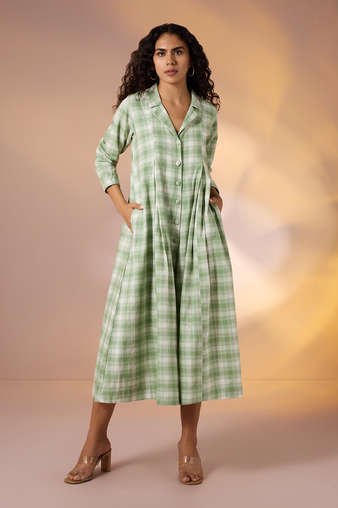 Pastel Plaid Front Button Cotton Jumpsuit With Pockets