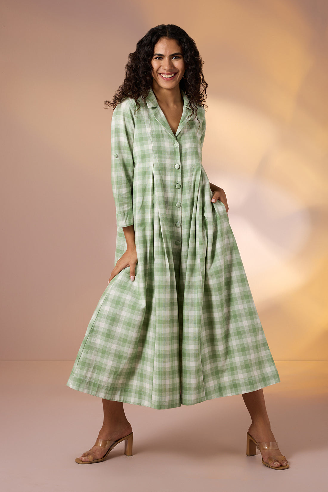 Pastel Plaid Front Button Cotton Jumpsuit With Pockets