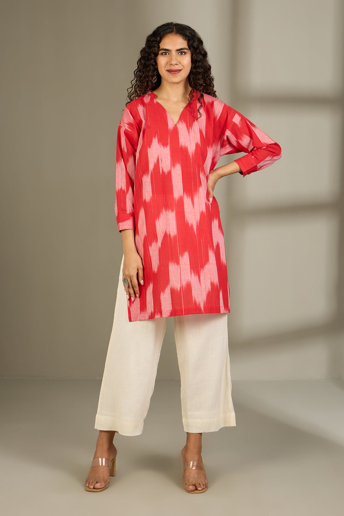 Leisure Tunic In Red Grey ikat by Maati Crafts