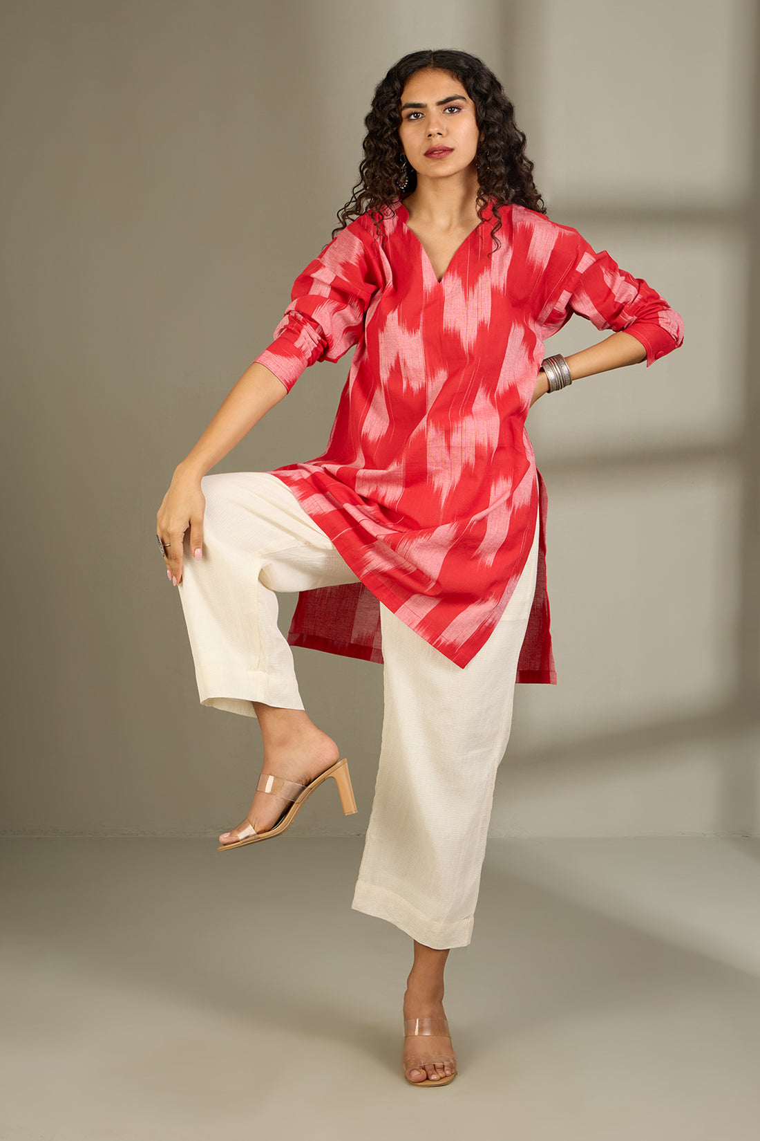 Leisure Tunic In Red Grey ikat by Maati Crafts