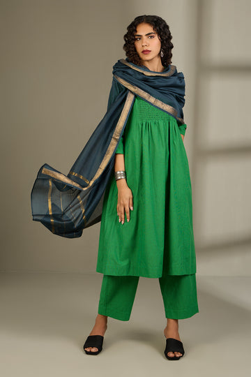 Coord Set With Smocked Yoke Kurta And Pants Green Cotton With Pockets by Maati Crafts