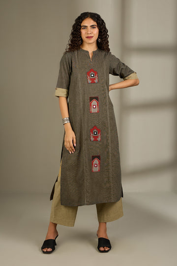 Coord Set A- Line Kurta And Pants Beige Cotton With Hand Applique Embroidery by Maati Crafts