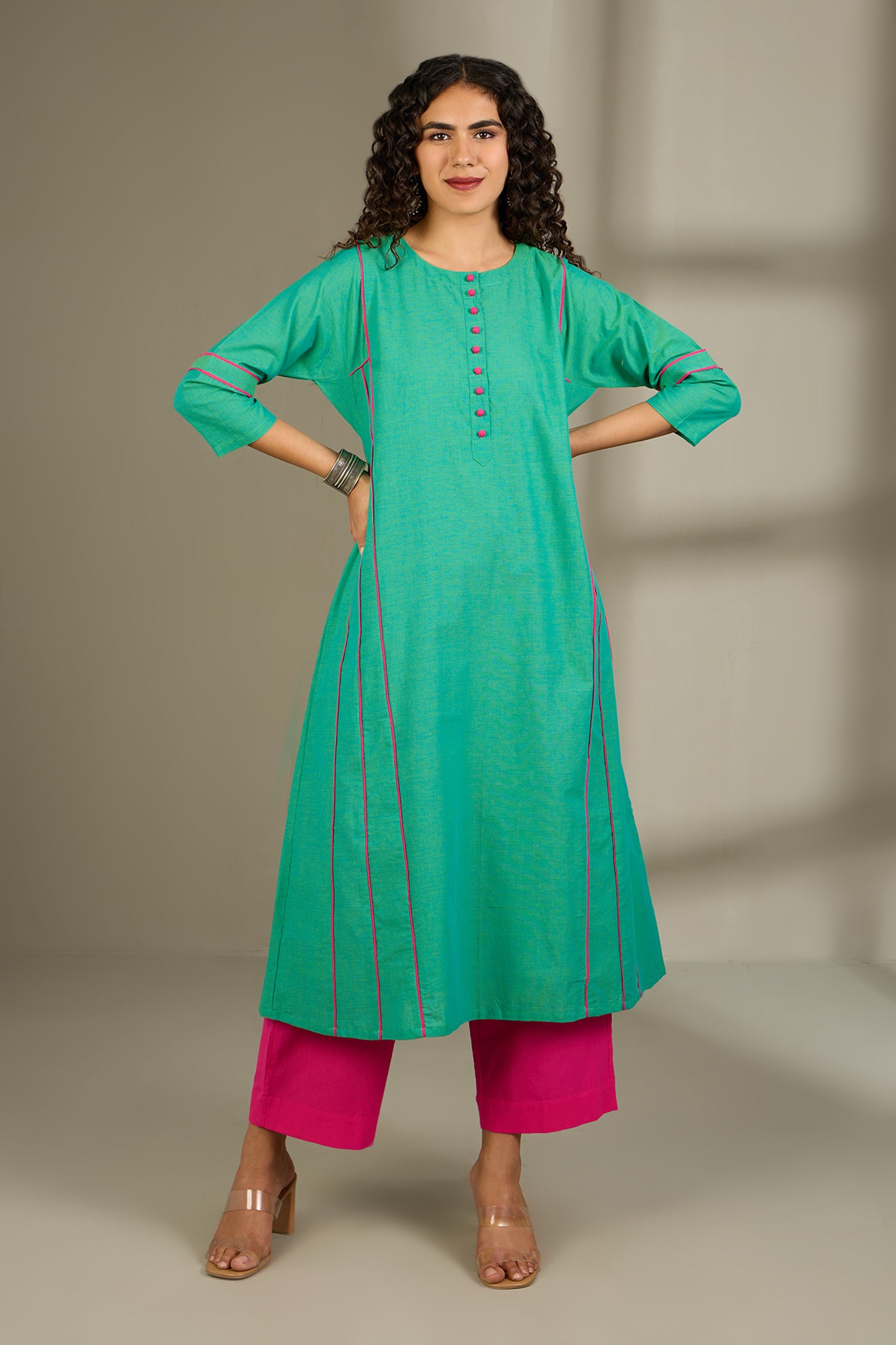 Kalidar Choga Kurta In Turquoise Green And Potli And Pockets  by Maati Crafts