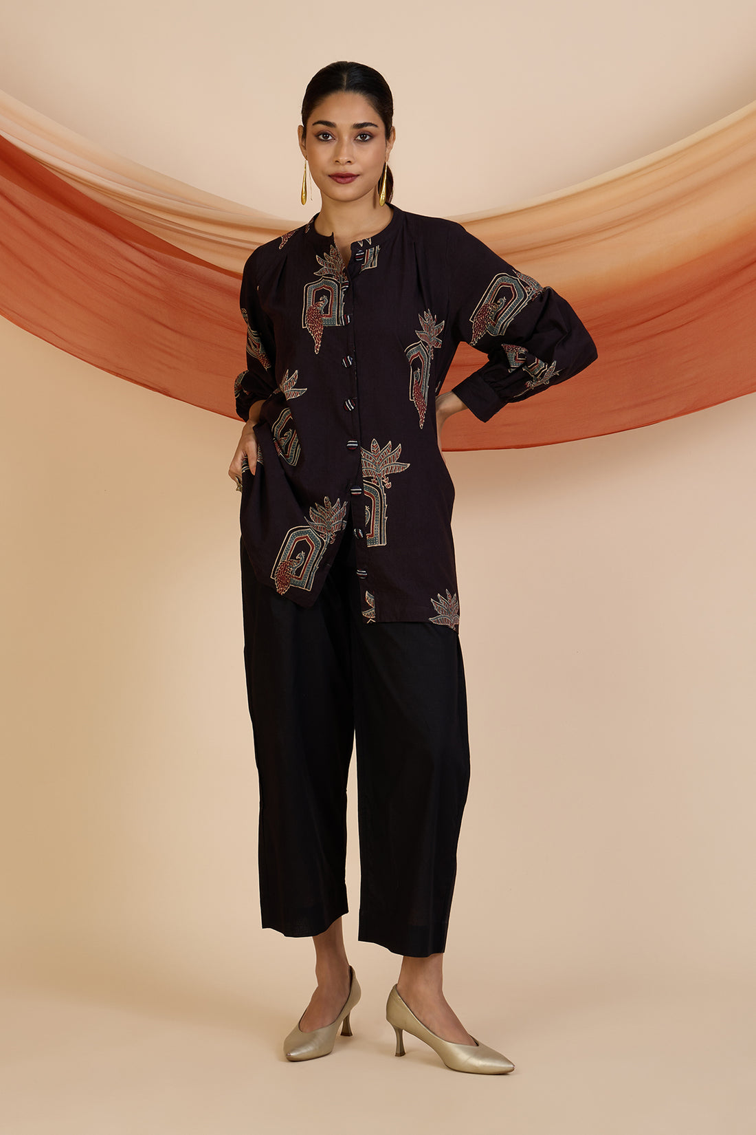 Noir Peacock Motif Ajrakh Cotton Gather Tunic
