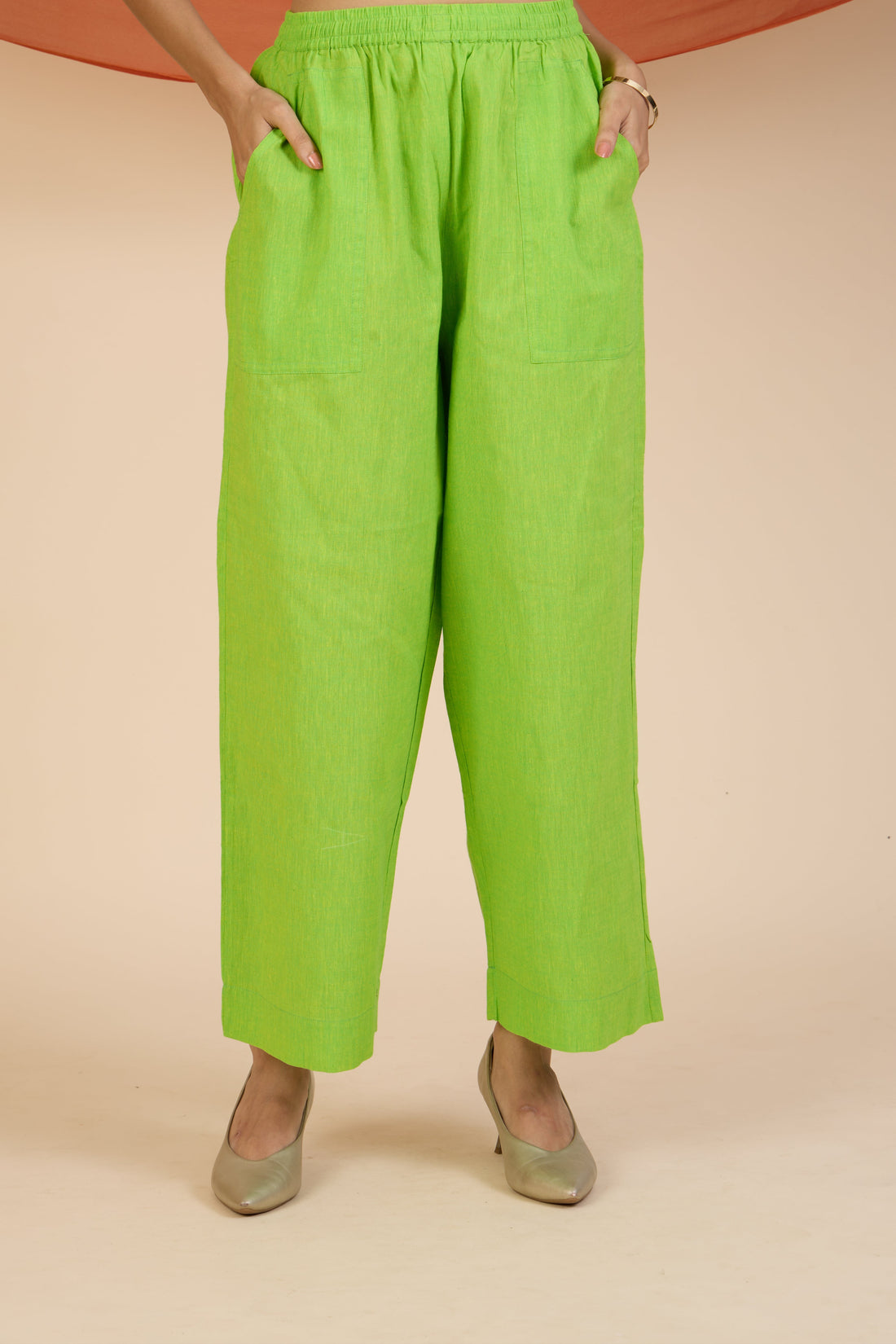 Coord Set With Smocked Yoke Kurta And Pants Lime Green Cotton With Pockets by Maati Crafts