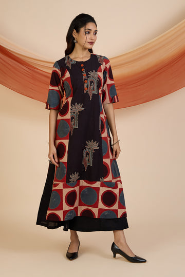 Red Moon Polka Ajrakh Long Panelled Kurta with Slit