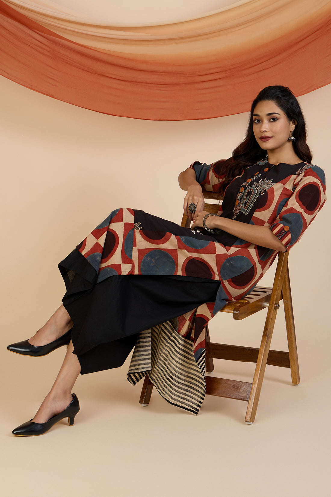 Red Moon Polka Ajrakh Long Panelled Kurta with Slit