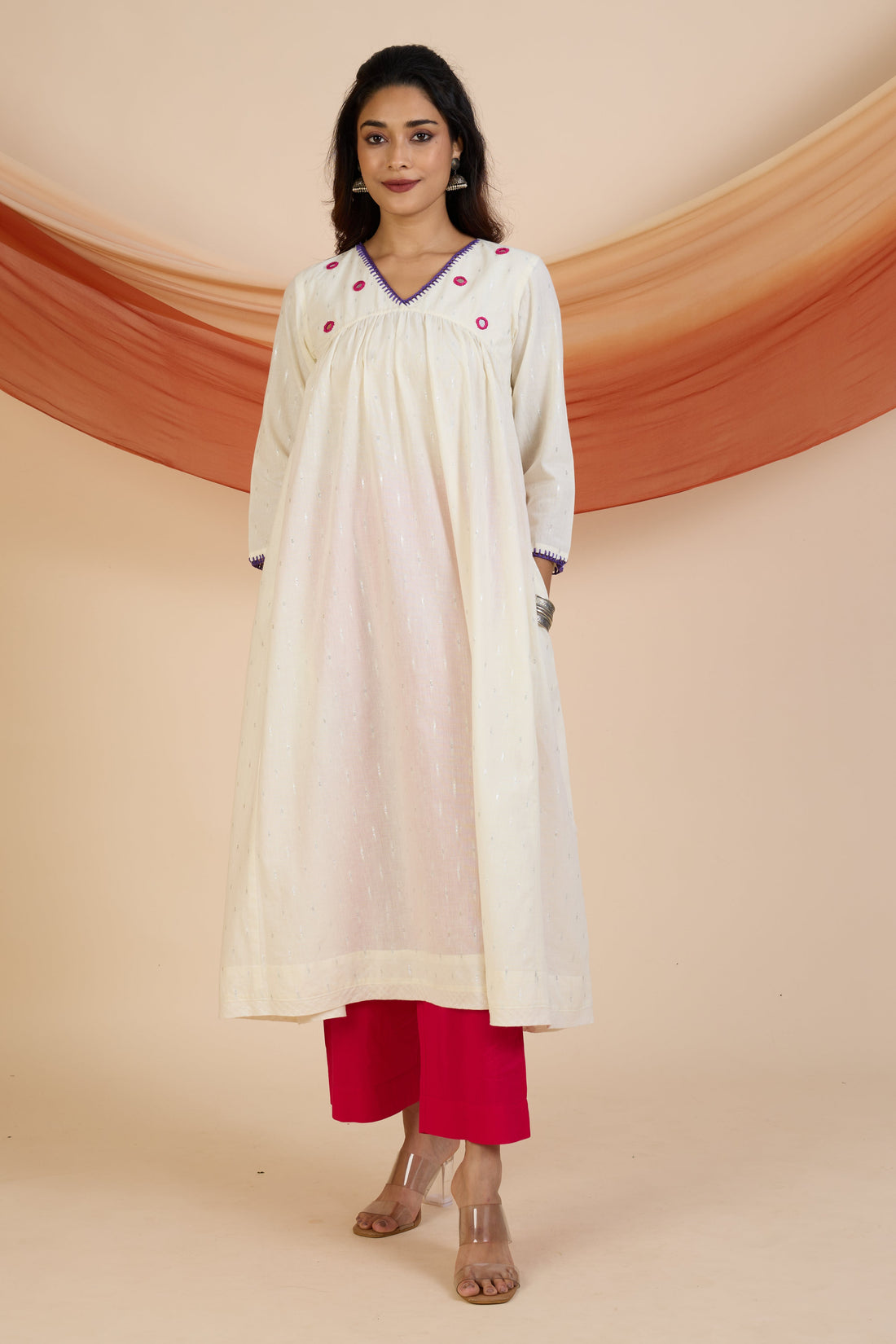 v-neck ivory gather anarkali moonlit silver gleam