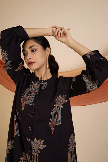 Noir Peacock Motif Ajrakh Cotton Gather Tunic