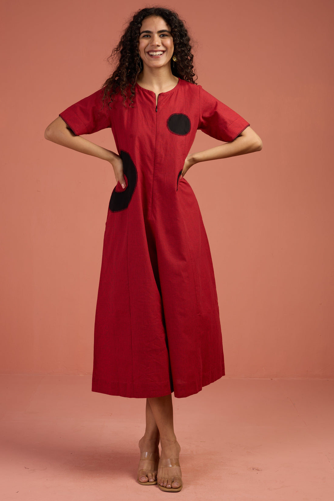 Jumpsuit Front Zipper With Pockets In Red South Cotton And Hand Applique Embroidery by Maati Crafts