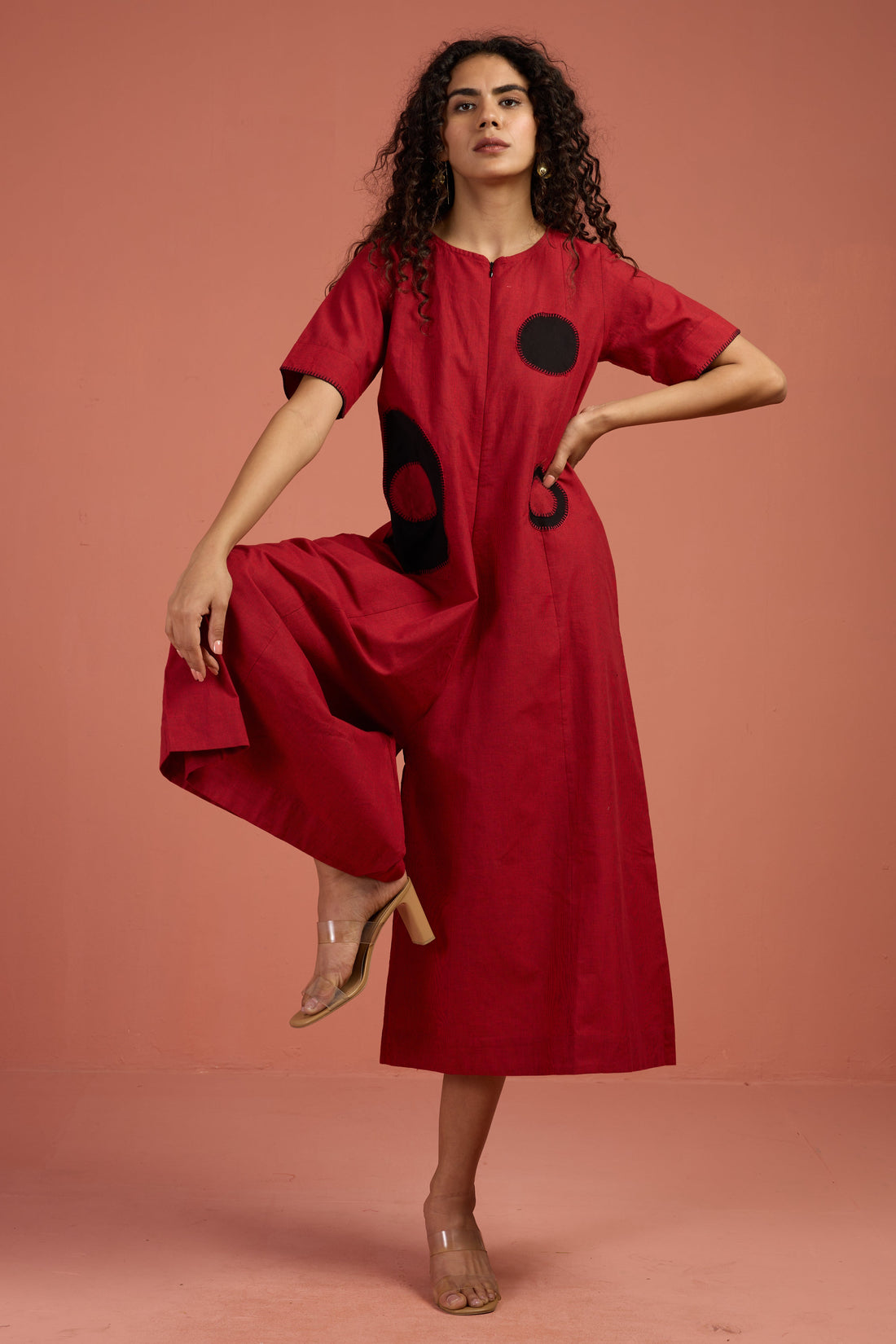 Jumpsuit Front Zipper With Pockets In Red South Cotton And Hand Applique Embroidery by Maati Crafts