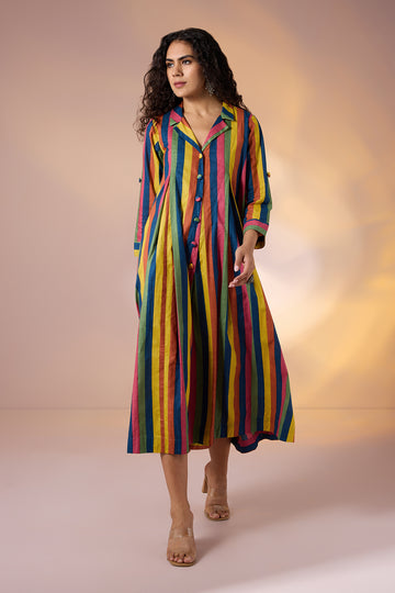 Carnival Stripes Cotton Jumpsuit with Pockets & Collar