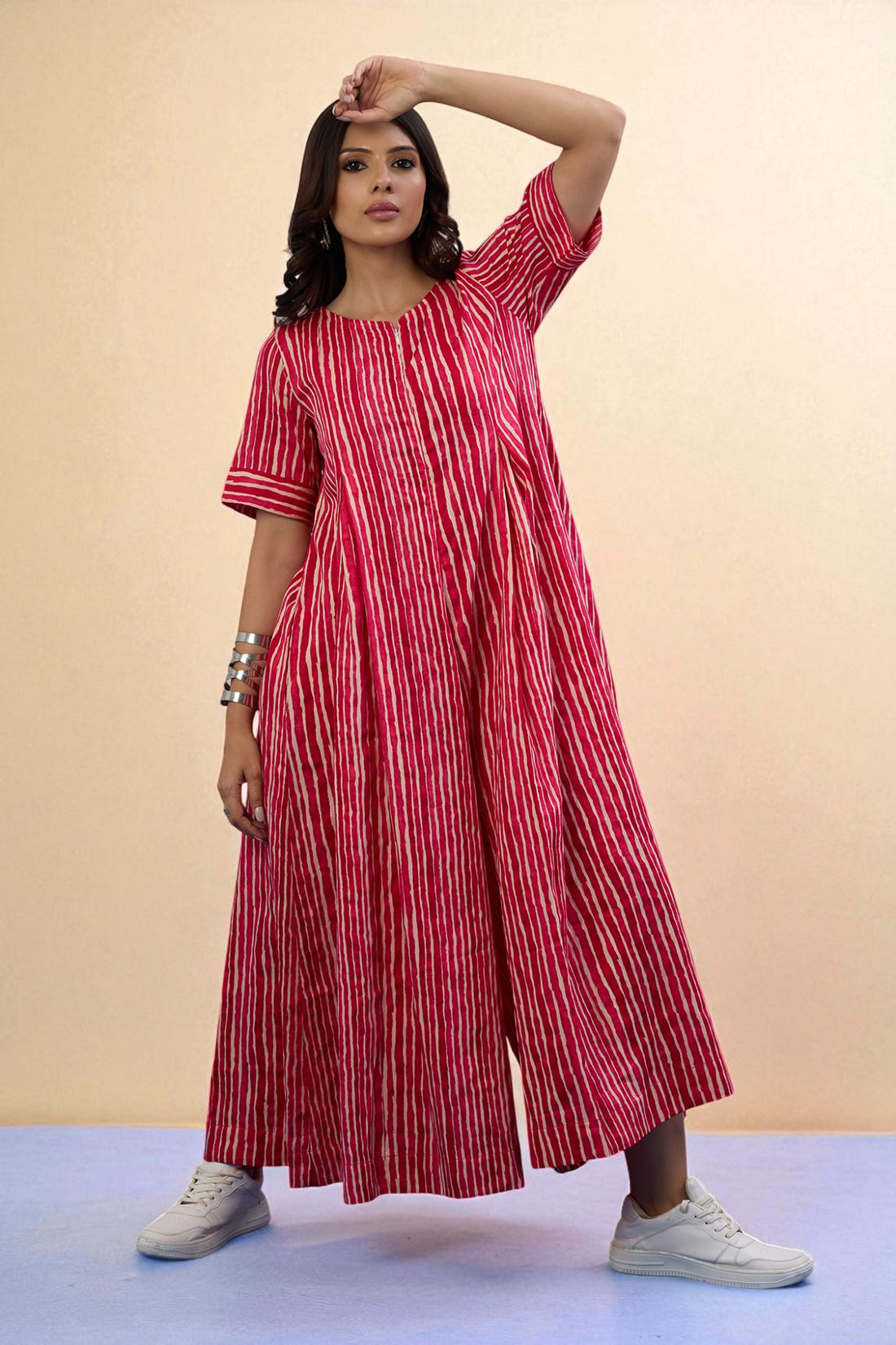 Jumpsuit Front Zipper And Box Pleat With Pockets In Pink Stripe Satin by Maati Crafts