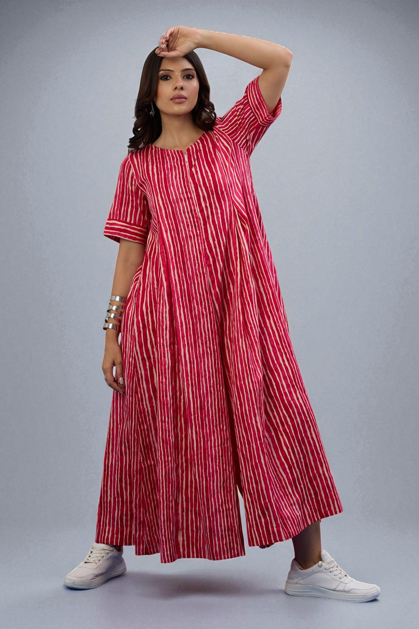 Jumpsuit Front Zipper And Box Pleat With Pockets In Pink Stripe Satin by Maati Crafts