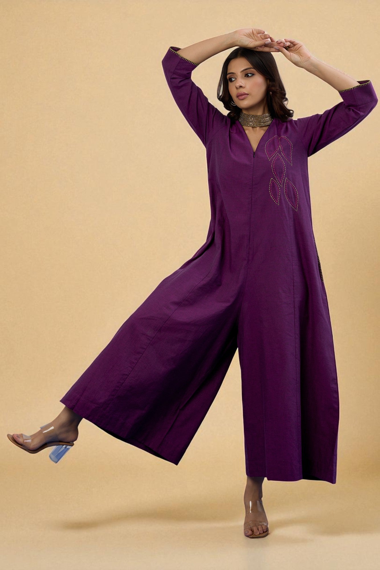 V Neck Front Zip Jumpsuit With Pockets In Purple South Cotton With