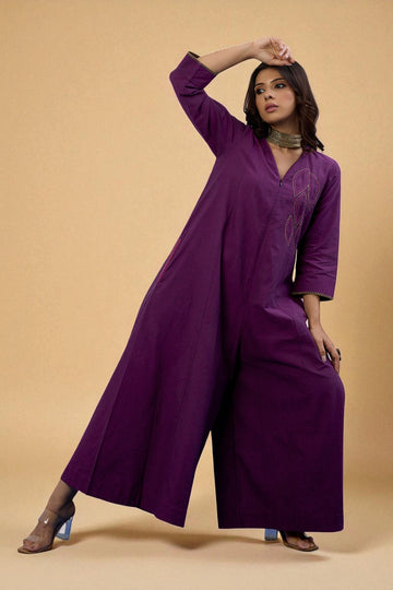 V Neck Front Zip Jumpsuit With Pockets In Purple South Cotton With  Hand Embroidery by Maati Crafts