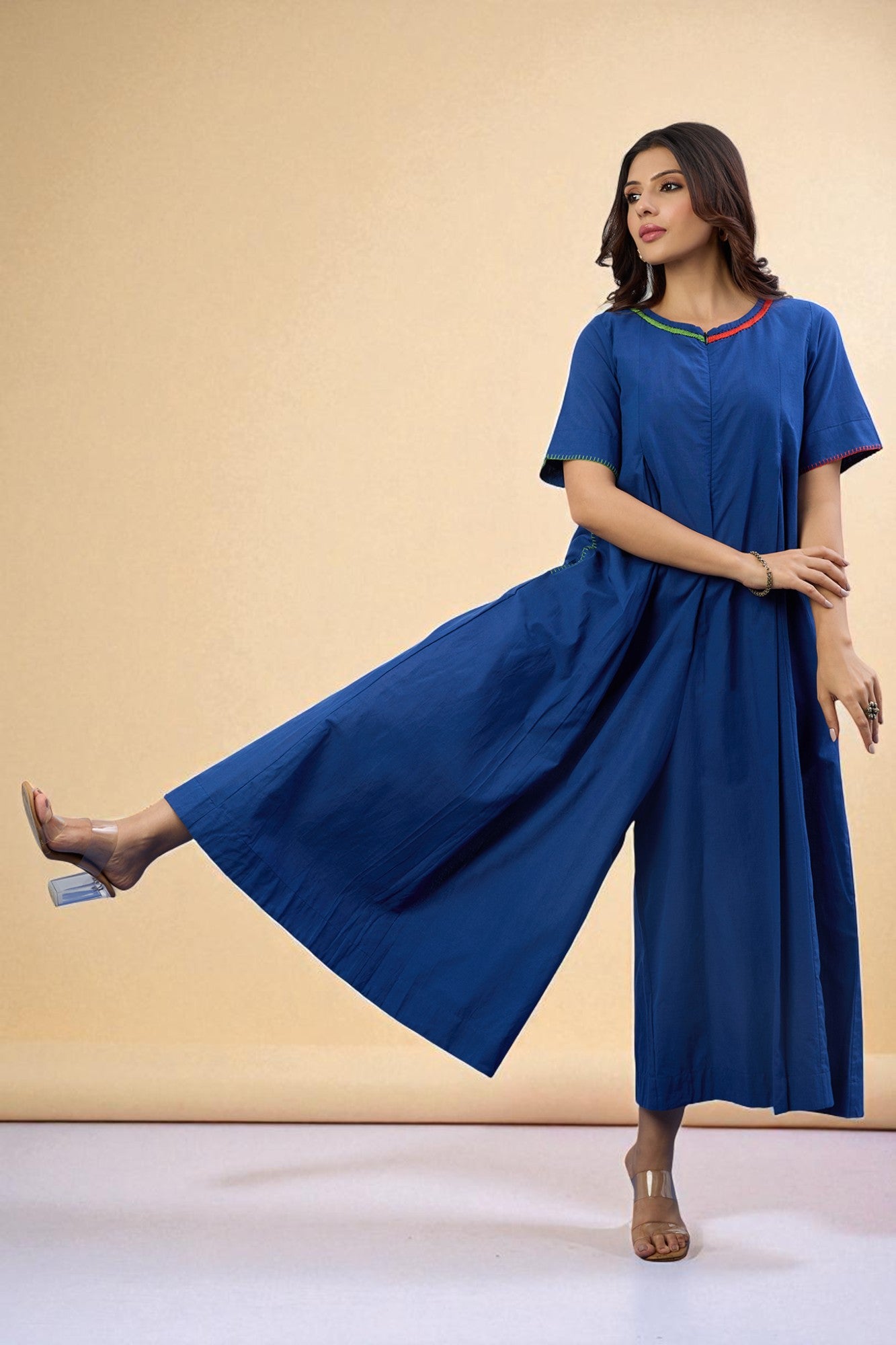 Jumpsuit Front Zipper And Box Pleat With Pockets In Dark Blue South Cotton With Applique Hand Embroidery by Maati Crafts