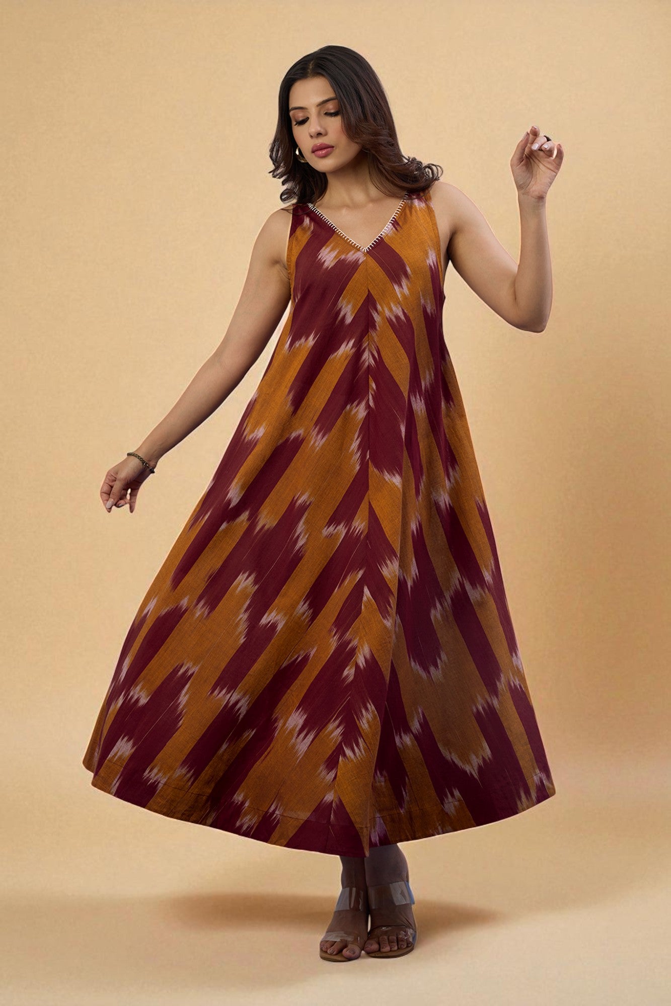 Strap Sleeveless Bias V Neck Dress In Maroon Mustard Ikat Pockets by Maati Crafts