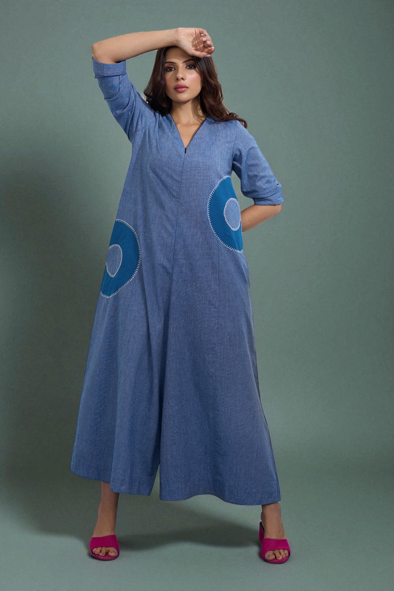 V Neck Front Zip Jumpsuit With Pockets In Denim Blue South Cotton With Applique Hand Embroidery by Maati Crafts