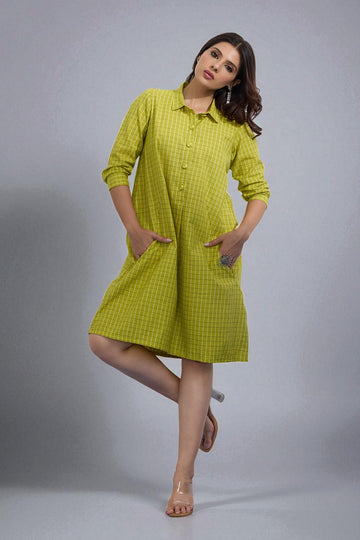 Tunic Kurta Pockets In Lime Green Checks South Cotton  by Maati Crafts