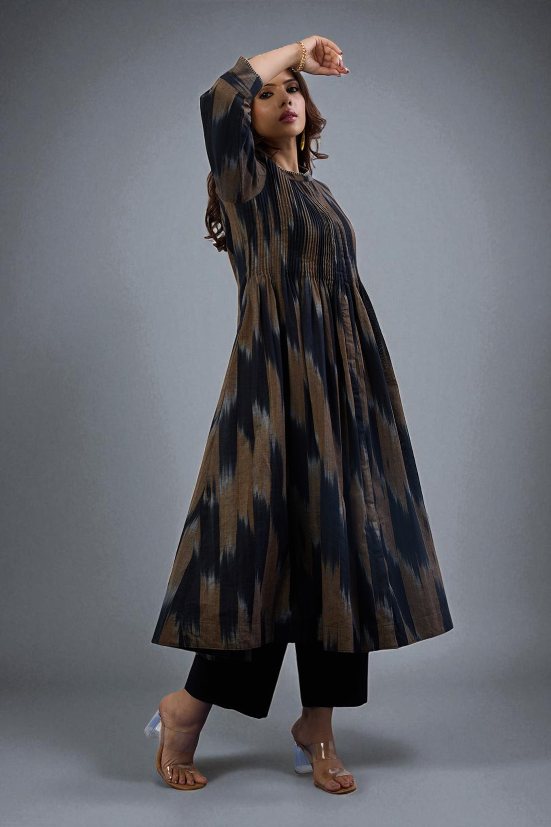 Infinity Pintuck Dress Pockets In Black Grey Ikat  by Maati Crafts