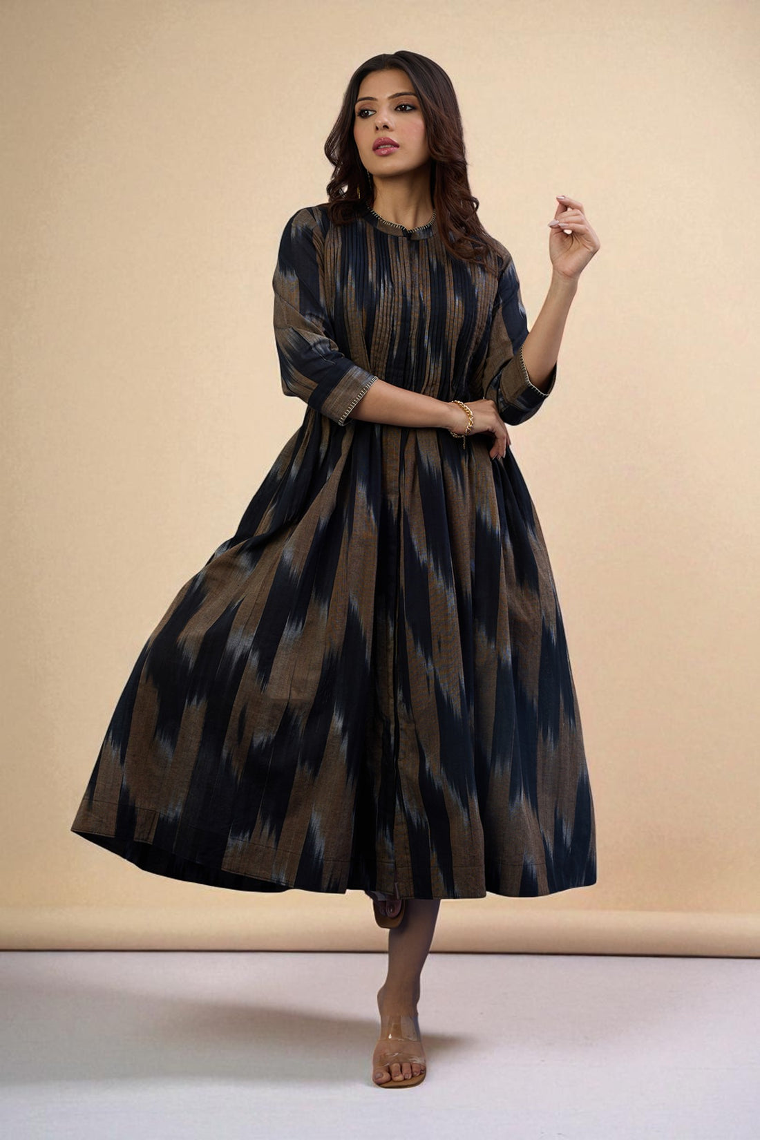 Infinity Pintuck Dress Pockets In Black Grey Ikat  by Maati Crafts