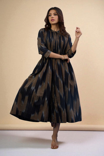 Infinity Pintuck Dress Pockets In Black Grey Ikat  by Maati Crafts