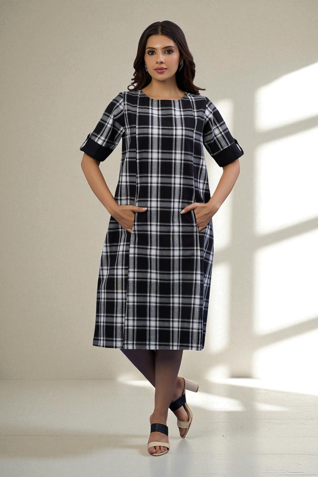 Shift Dress With Pockets, Front & Back Slit In Black White Madras Checks  by Maati Crafts