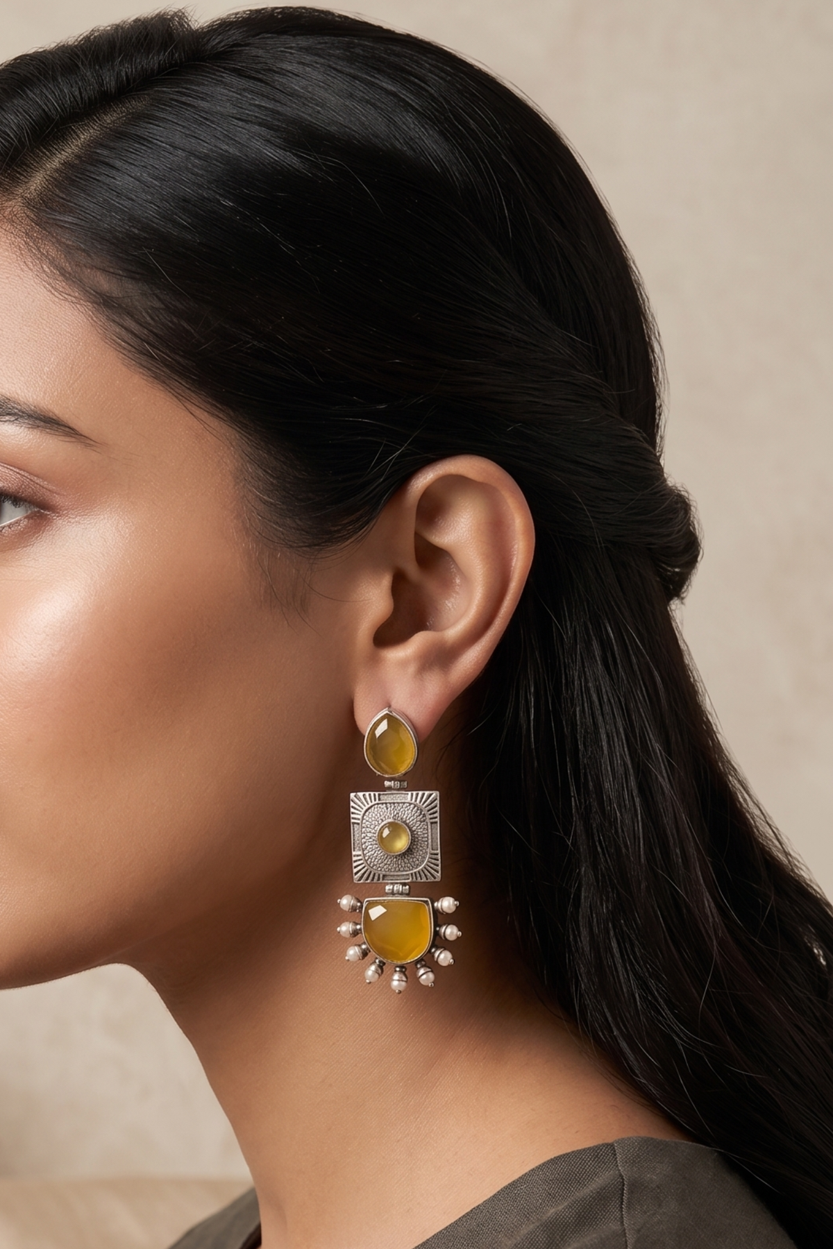 Ochre Stone Textured Oxidised Earrings