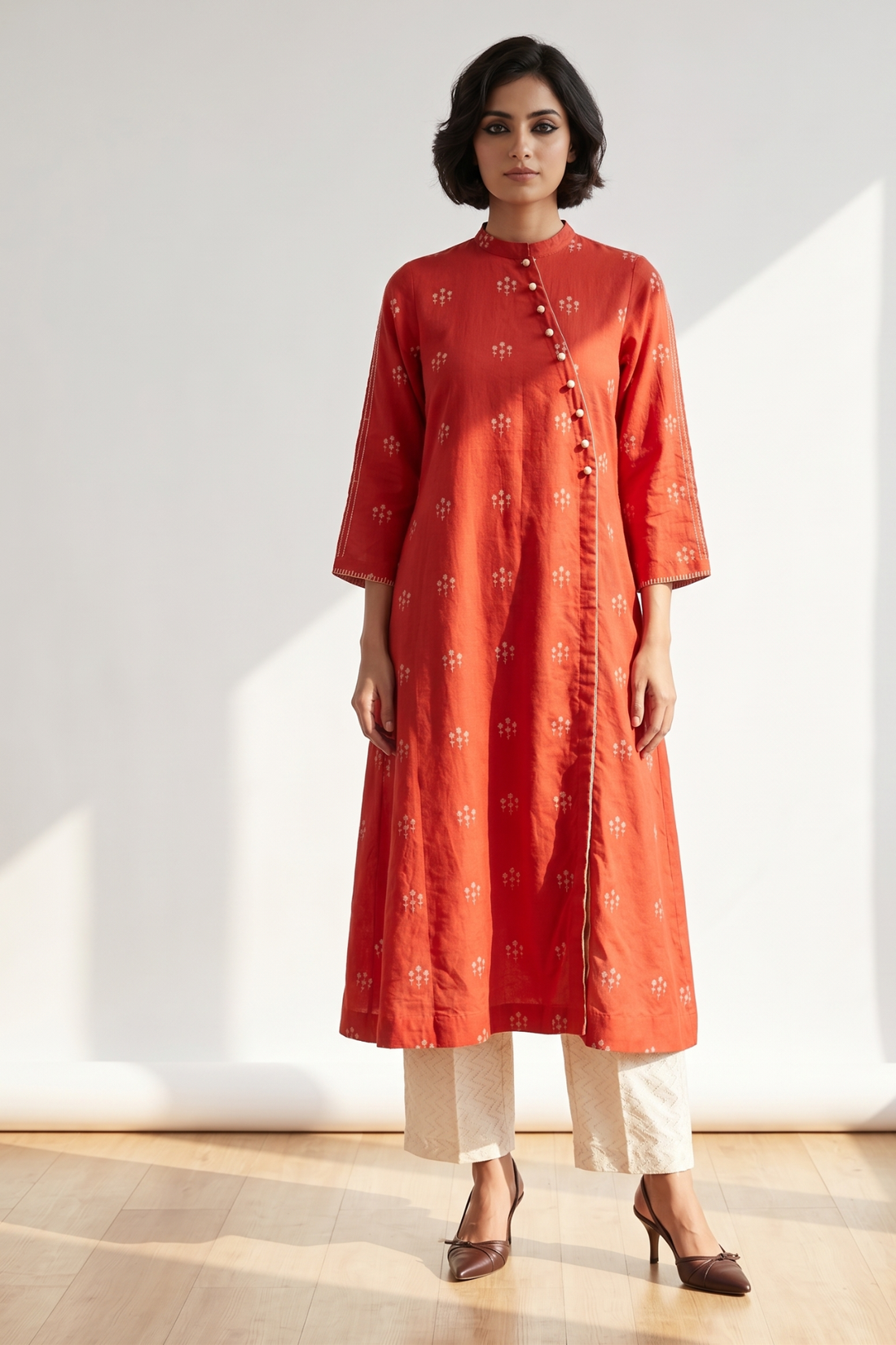 Orange Bloom Butti Cross Potli Angrakha Kurta