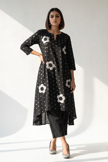 Black Silver Dots Applique work Asymmetrical Kurtav