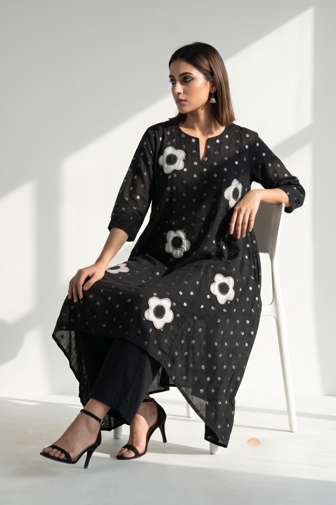 Black Silver Dots Applique work Asymmetrical Kurtav