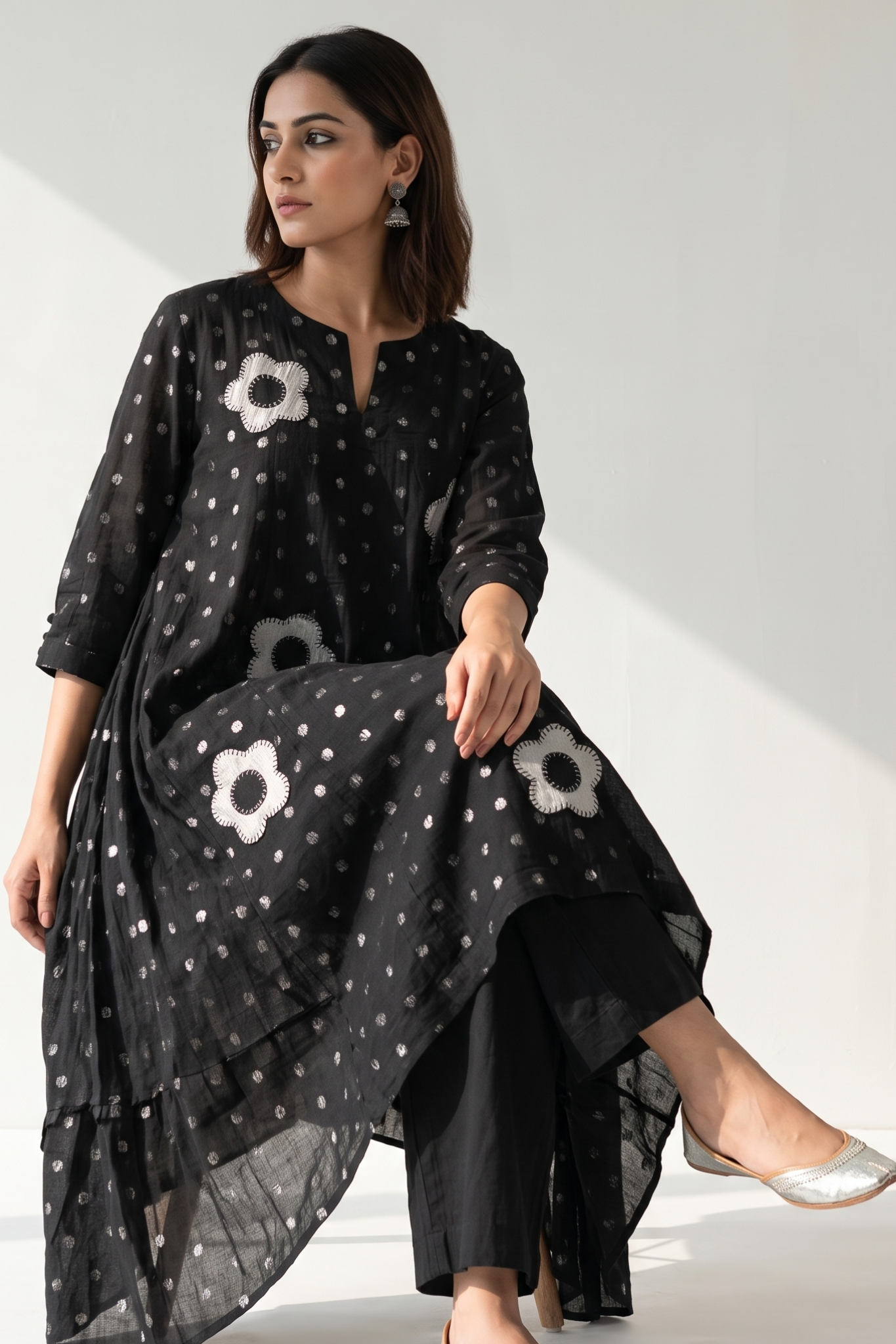 Black Silver Dots Applique work Asymmetrical Kurtav