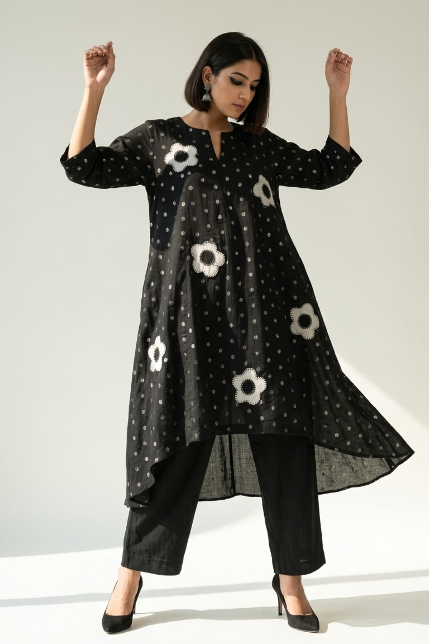 Black Silver Dots Applique work Asymmetrical Kurtav