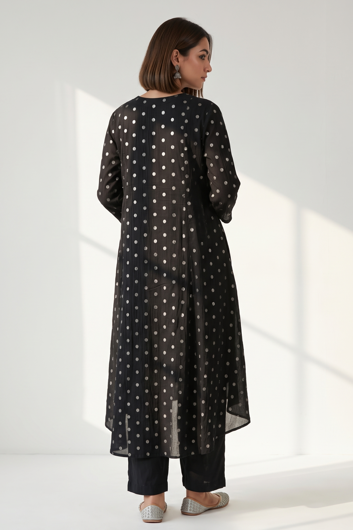 Black Silver Dots Applique work Asymmetrical Kurtav