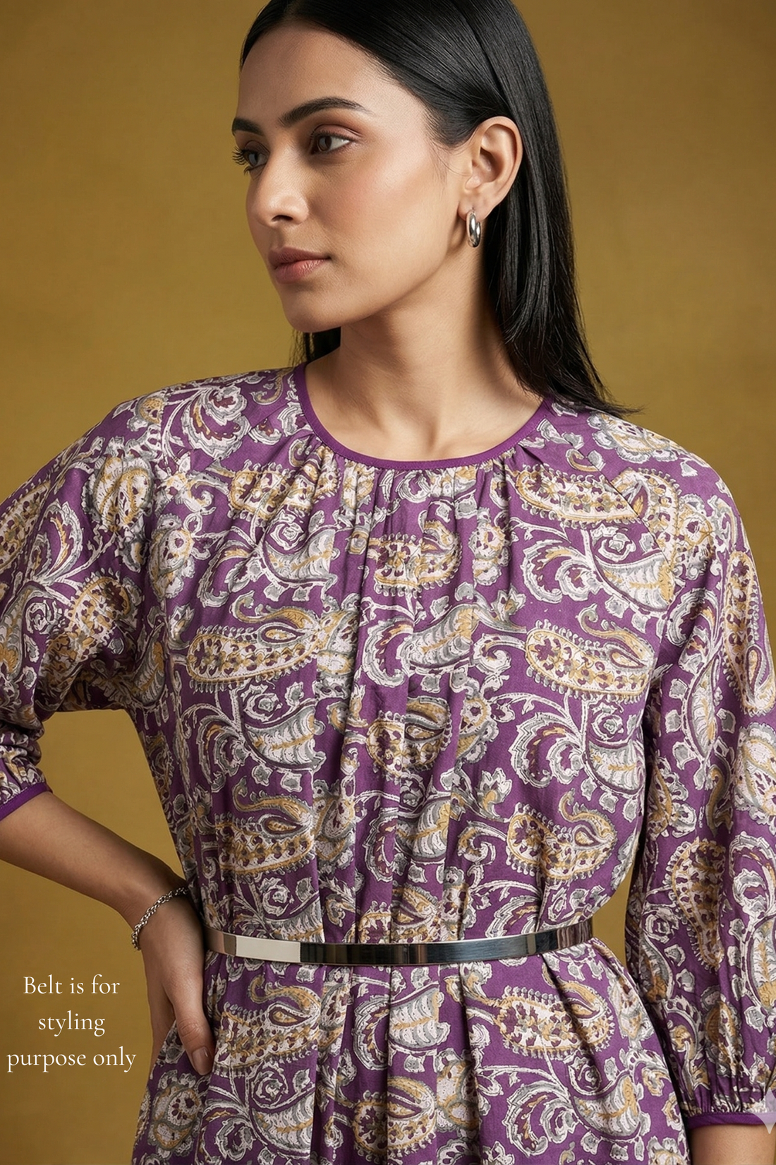 Saffron Purple Paisley Garden Cotton Midi Gather Dress