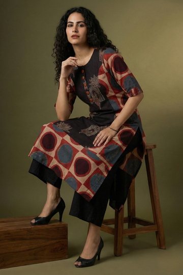 Red Moon Polka Ajrakh Long Panelled Kurta with Slit